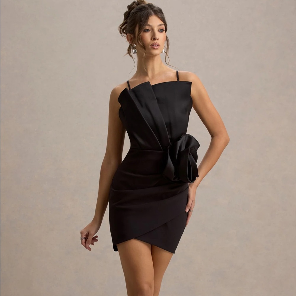 Club L London Black Mini Cocktail Dress with Bow Detail Size 10
